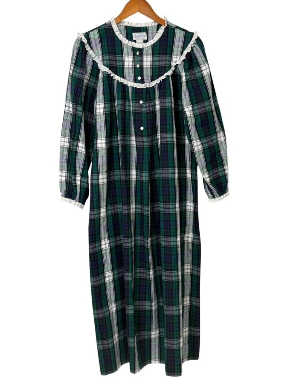Lanz of Salzburg Women's Blue Green Cotton Flannel Nightgown Lace-Trim Size S